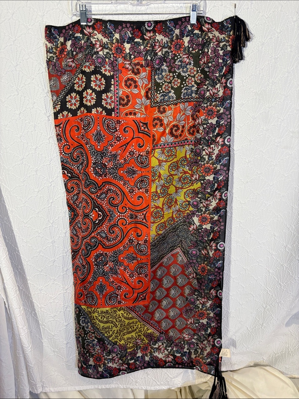 Johnny Was Patchwork Paisley Floral 100% SILK Scarf Orange Black Yellow Purple